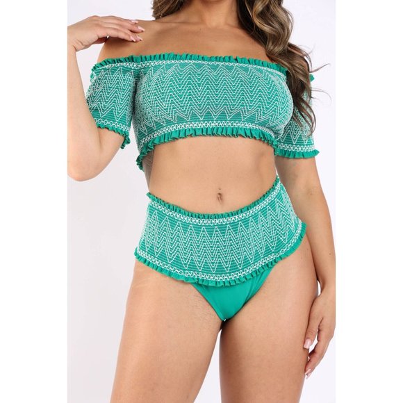 Women Embroidered Smocking Cold Shoulder RuffleBandeau Bikini Swimwear Beachwear - Picture 2 of 11